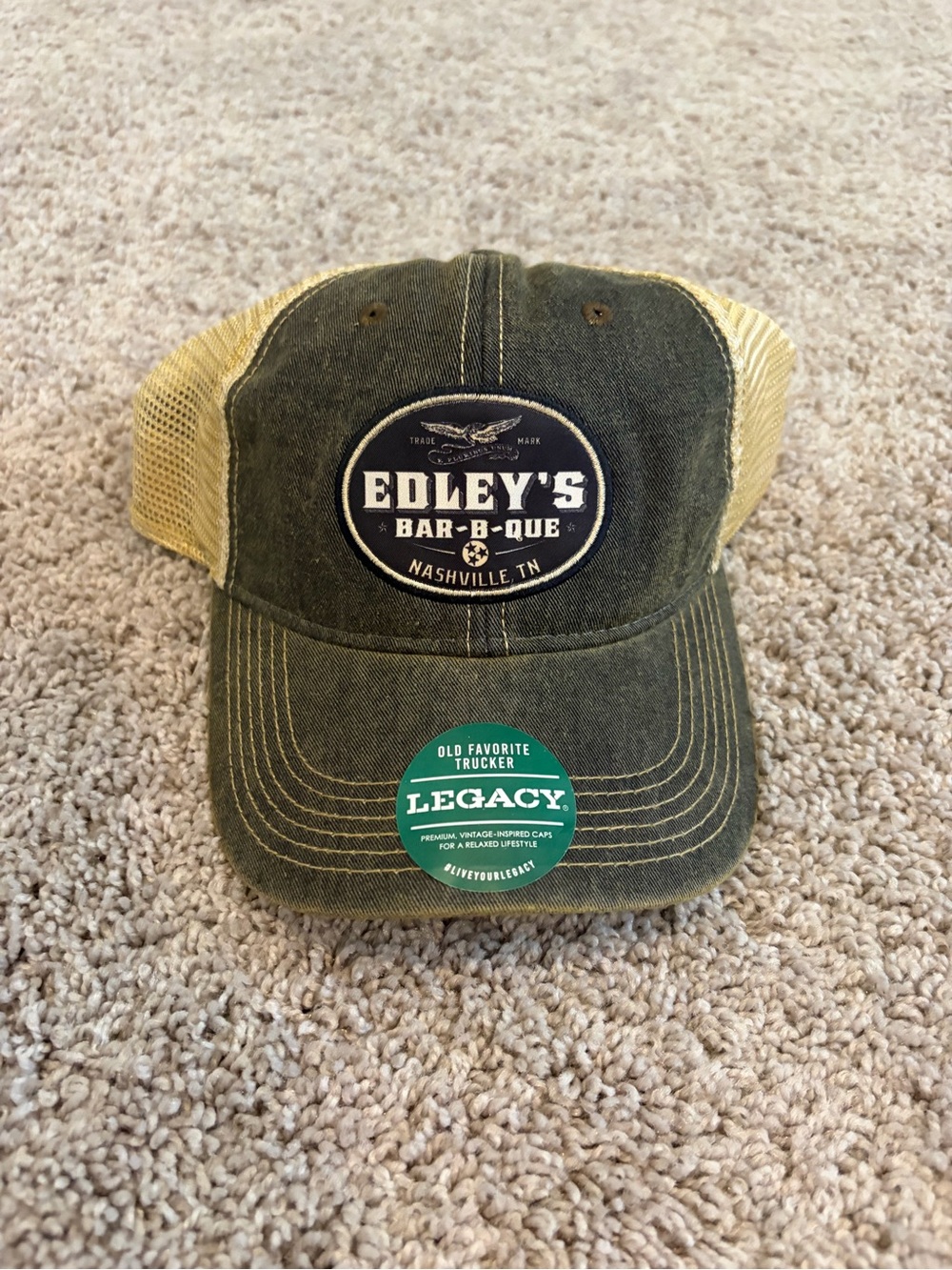 Legacy Olive Green and Tan Edley's Bar-B-Que Trucker Hat